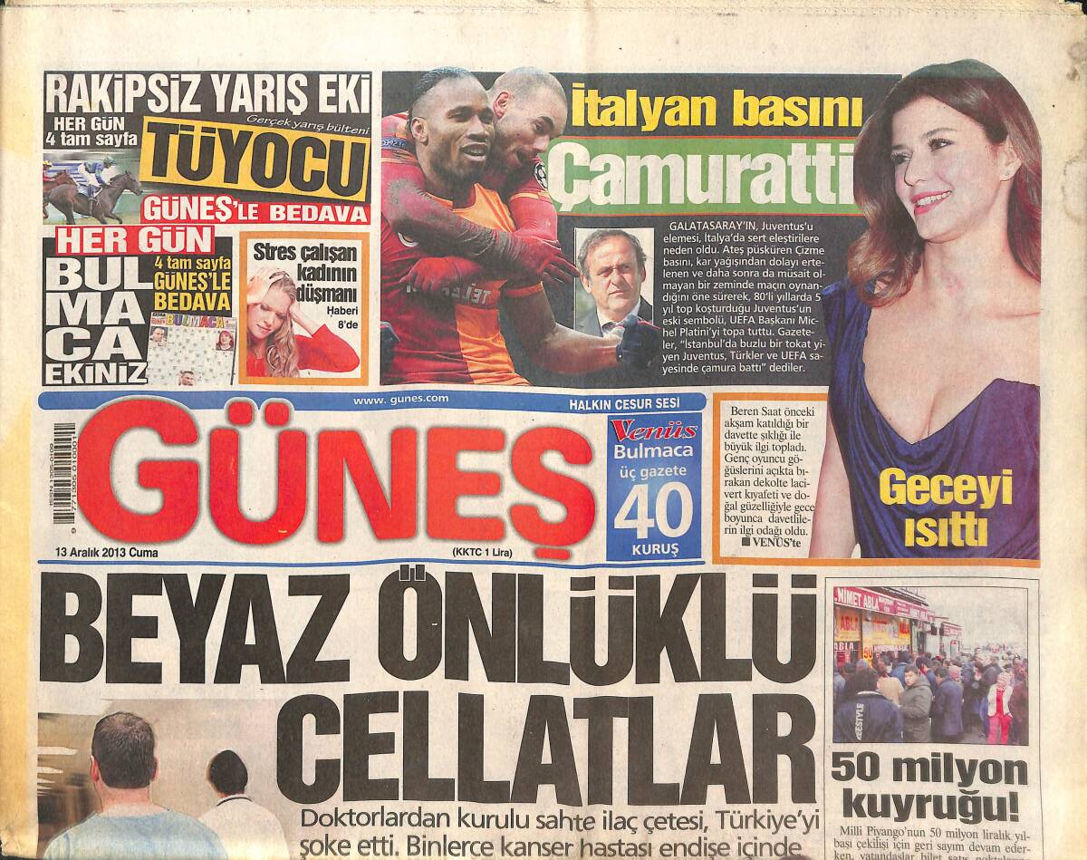 Güneş Gazetesi 13 Aralık 2013 - Beren Saat Geceyi Isıttı - Sneijder: Galatasaray'da Mutluyum! GZ136860 - 1