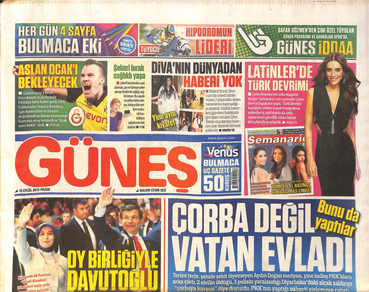 Güneş Gazetesi 13 Eylül 2015 - Bülent Ersoy Cesetten Haberi Olmadığını Söyledi-Muğla'da Babası Karne Hediyesi Olarak Silah Aldığı Oğlu Kardeşini Vurdu GZ158428 - 1