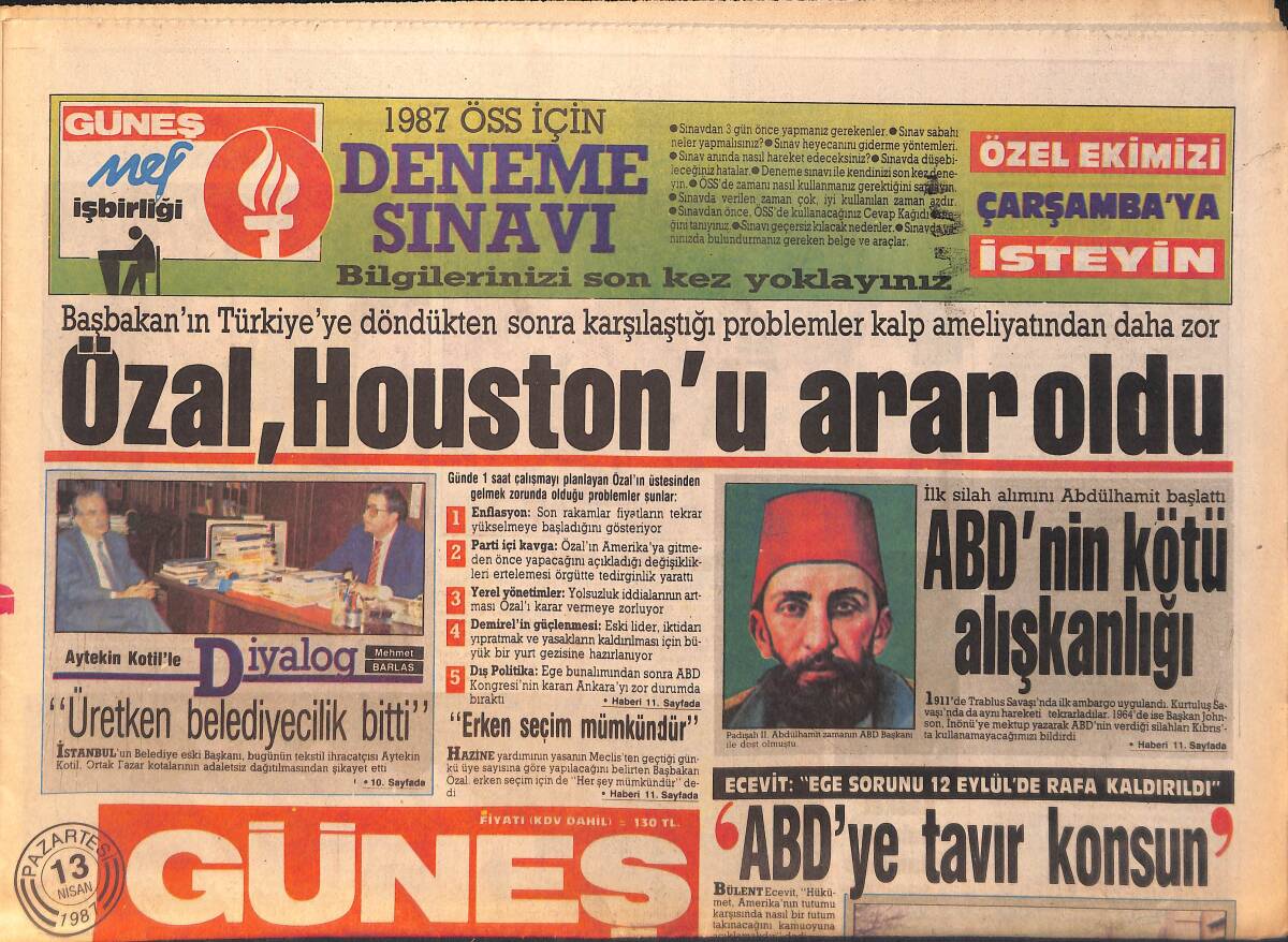 Güneş Gazetesi 13 Nisan 1987 - Anap'ta Cilalama Devri - Bakanlıklar Üstü Müsteşarlık Maliye ve DPT'ye Bağlanacak GZ158168 - 1
