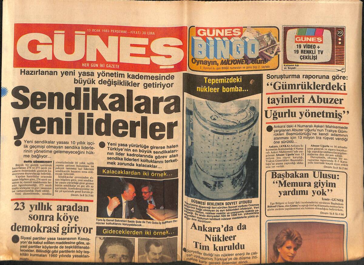 Güneş Gazetesi 13 Ocak 1983 - Ankara'da da Nükleer Tim Kuruldu - Ajda Pekkan da BİNGO Heyecanı Yaşıyor GZ134592 - 1