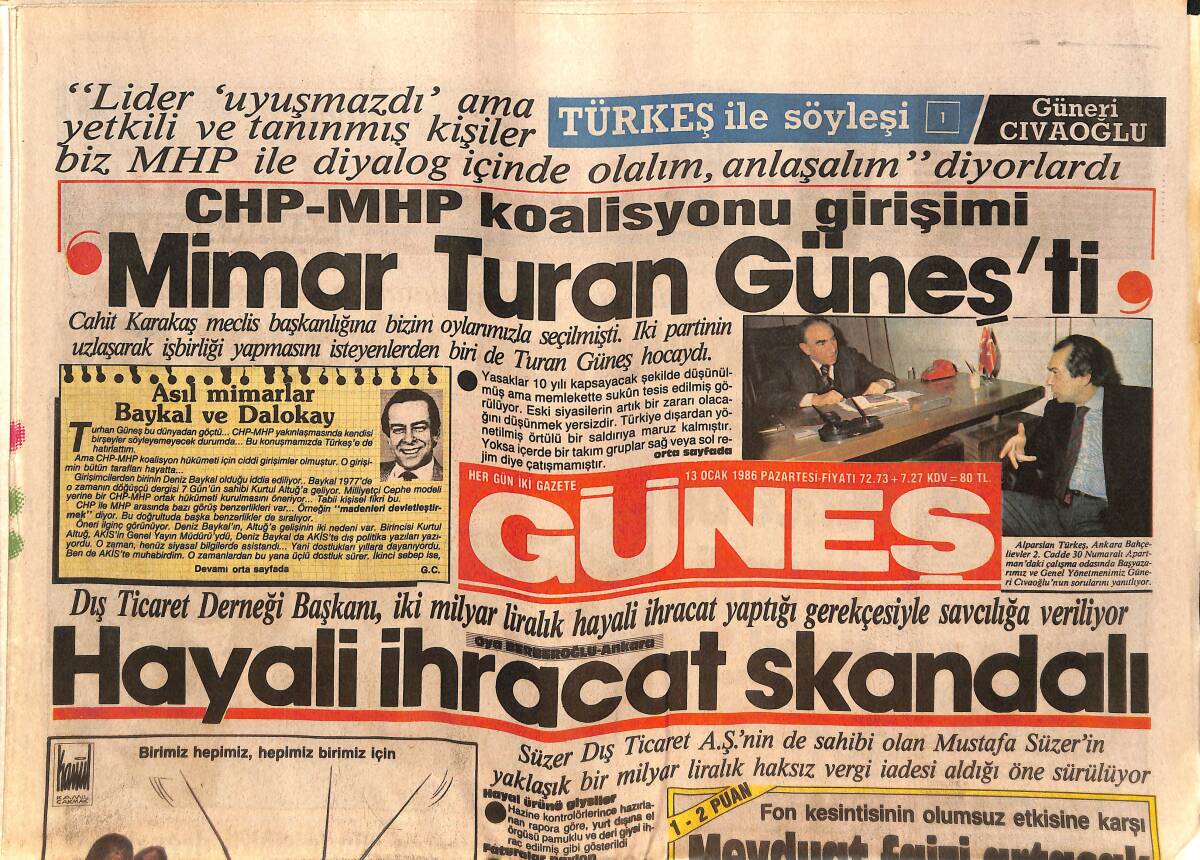Güneş Gazetesi 13 Ocak 1986 - İzmir'de Genelev Patronları Hesaplaştı - Hayali İhracat Skandalı GZ151534 - 1