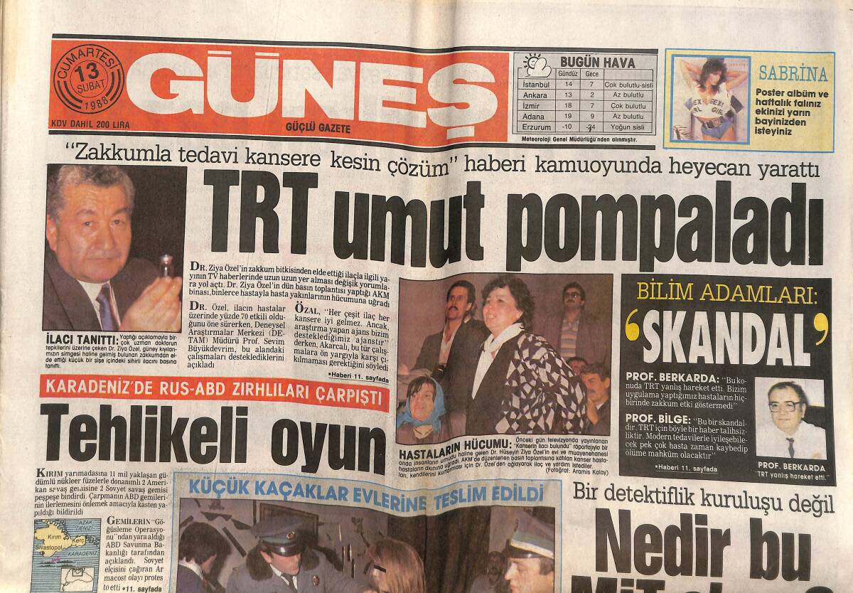 Güneş Gazetesi 13 Şubat 1988 - TRT Umut Pompaladı - Fener'de Özal Telaşı - Karadeniz'de Rus-ABD Zırhlıları Çarpıştı GZ151505 - 1