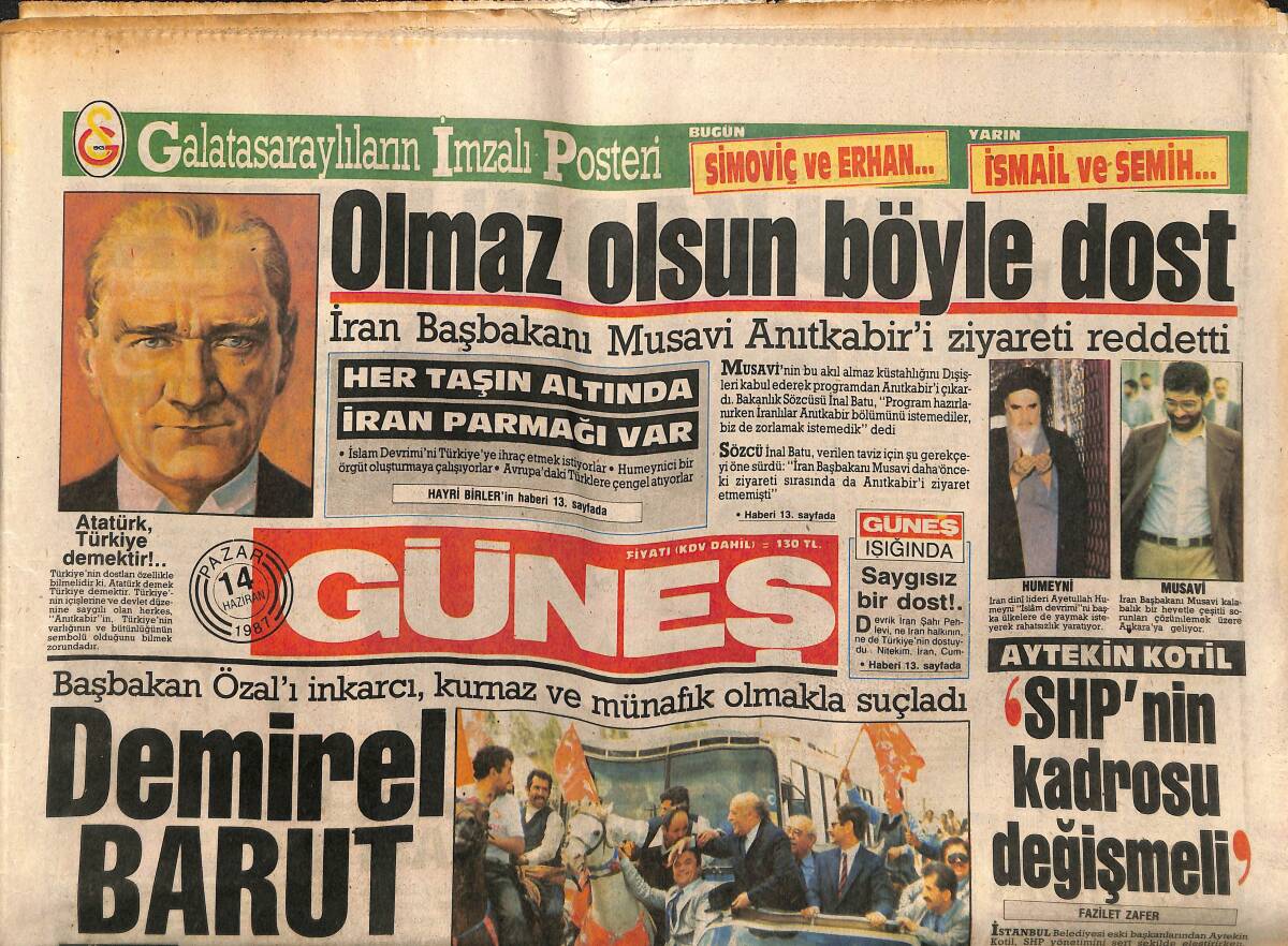 Güneş Gazetesi 14 Haziran 1987 - İran Başkanı Musavi Anıtkabir'i Ziyareti Reddetti - Samsunspor Tanju'yu Geri İstiyor GZ151432 - 1