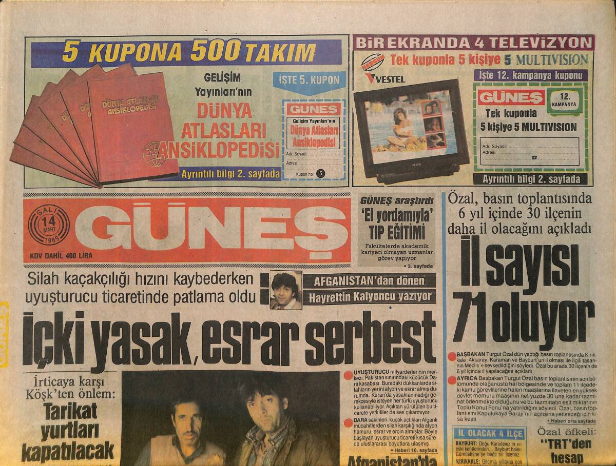 Güneş Gazetesi 14 Mart 1989 - Köln'e Cim-Bom Kuşatması - Galatasaray'dan Monaco'ya Misilleme - Hülya Avşar Sahneye Çıktı GZ139913 - 1