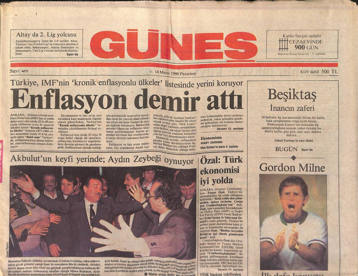 Güneş Gazetesi 14 Mayıs 1990 - Özal-Bush Tutanakları Davası Yarın - Beşiktaş Bayramı GZ151684 - 1