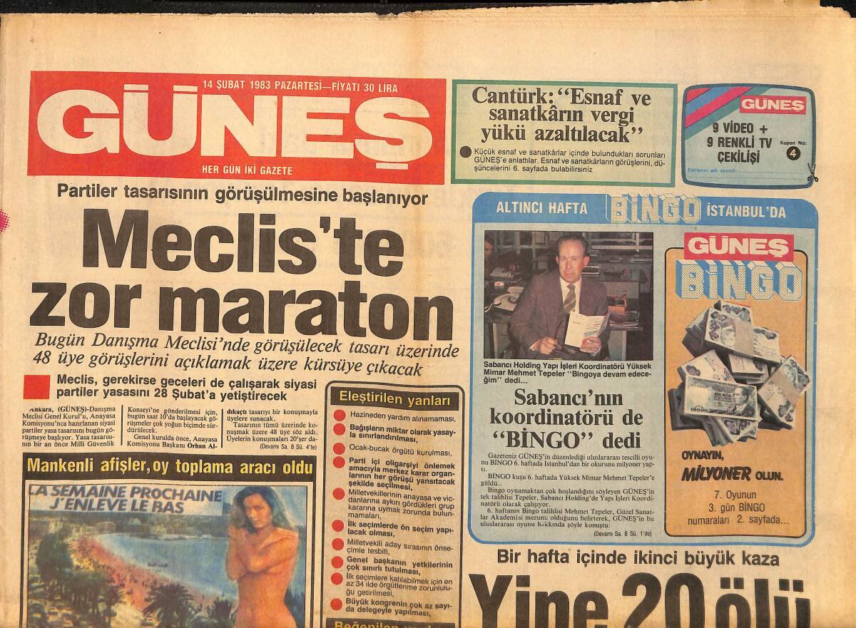 Güneş Gazetesi 14 Şubat 1983 - Ali Demirel , Kırıkhan'da Yargılanacak - Sabancı'nın Koordinatörü de Bingo Dedi GZ157785 - 1