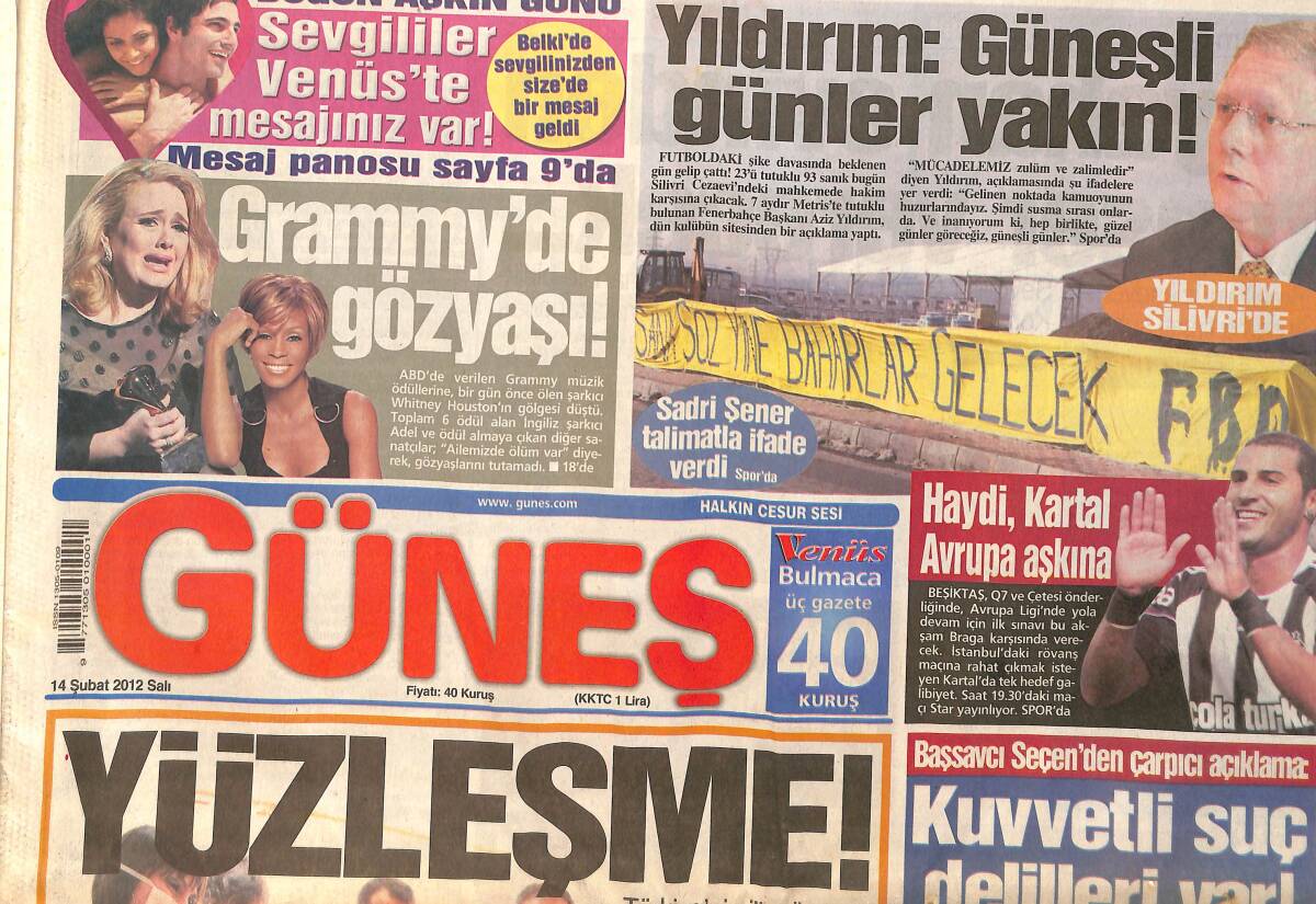 Güneş Gazetesi 14 Şubat 2012 - Aziz Yıldırım'a Silivri'de Güneşli Günler Yakın - Şarkıcı Kayahan Evinden Konser Verecek GZ158975 - 1