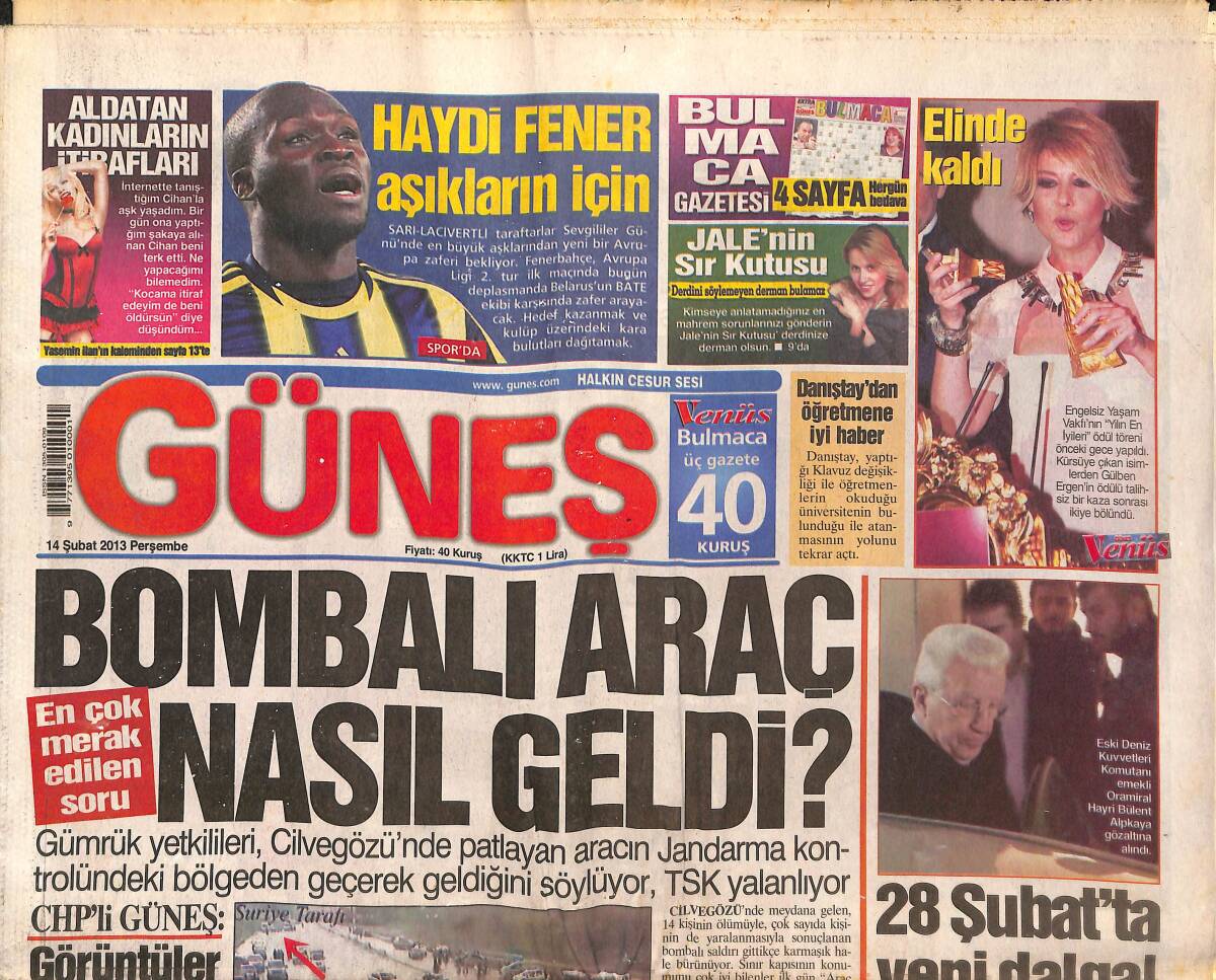 Güneş Gazetesi 14 Şubat 2013 - Gülgen Ergen'in Ödülü Elinde Kaldı! - Başbakan Erdoğan: Paşa'ya İnsani Görevimi Yaptım! GZ136691 - 1