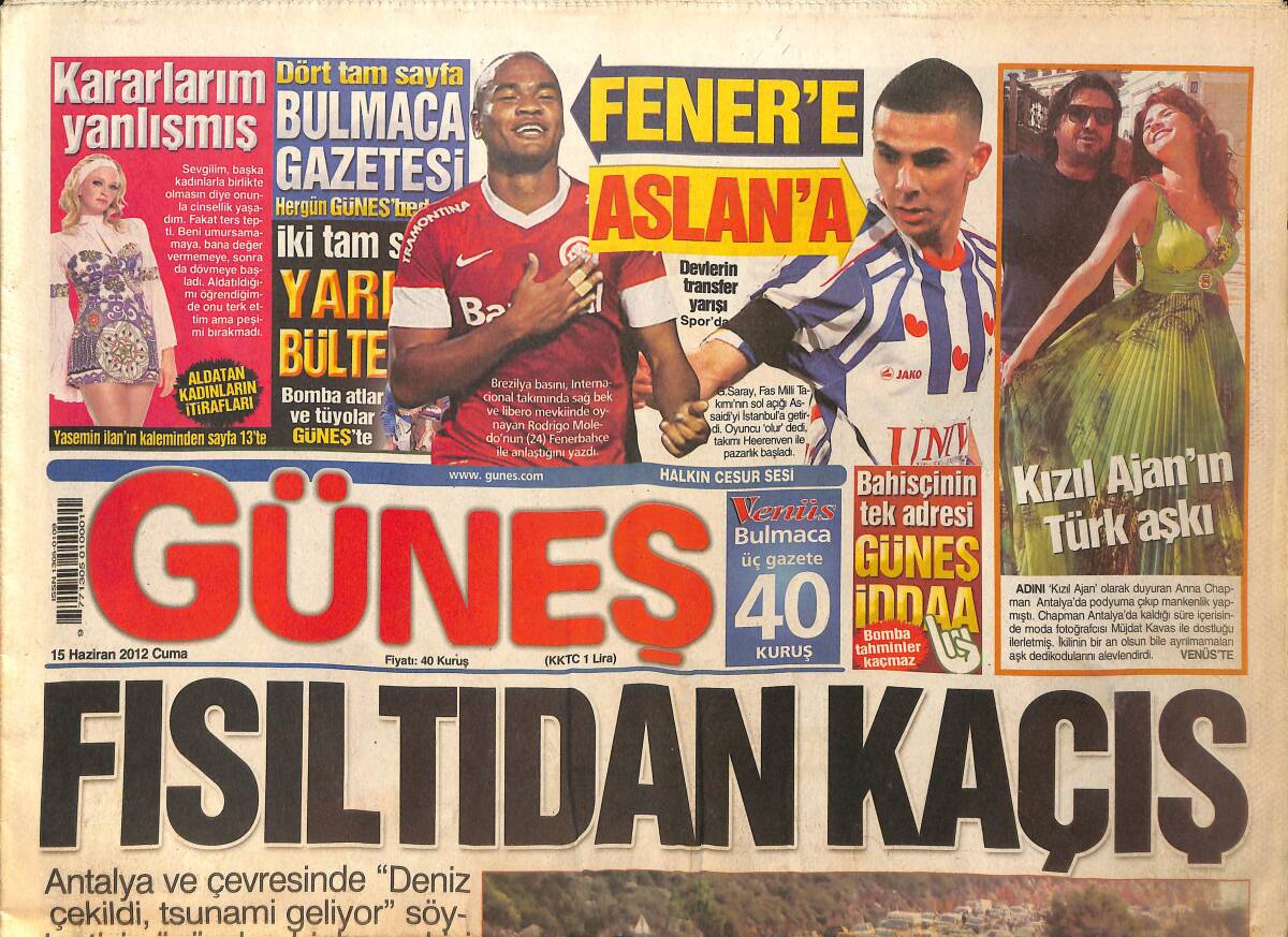 Güneş Gazetesi 15 Haziran 2012 - Galatasaray ve Fenerbahçe'nin Transfer Yarışı - Mersin'de Dilsiz Gence 