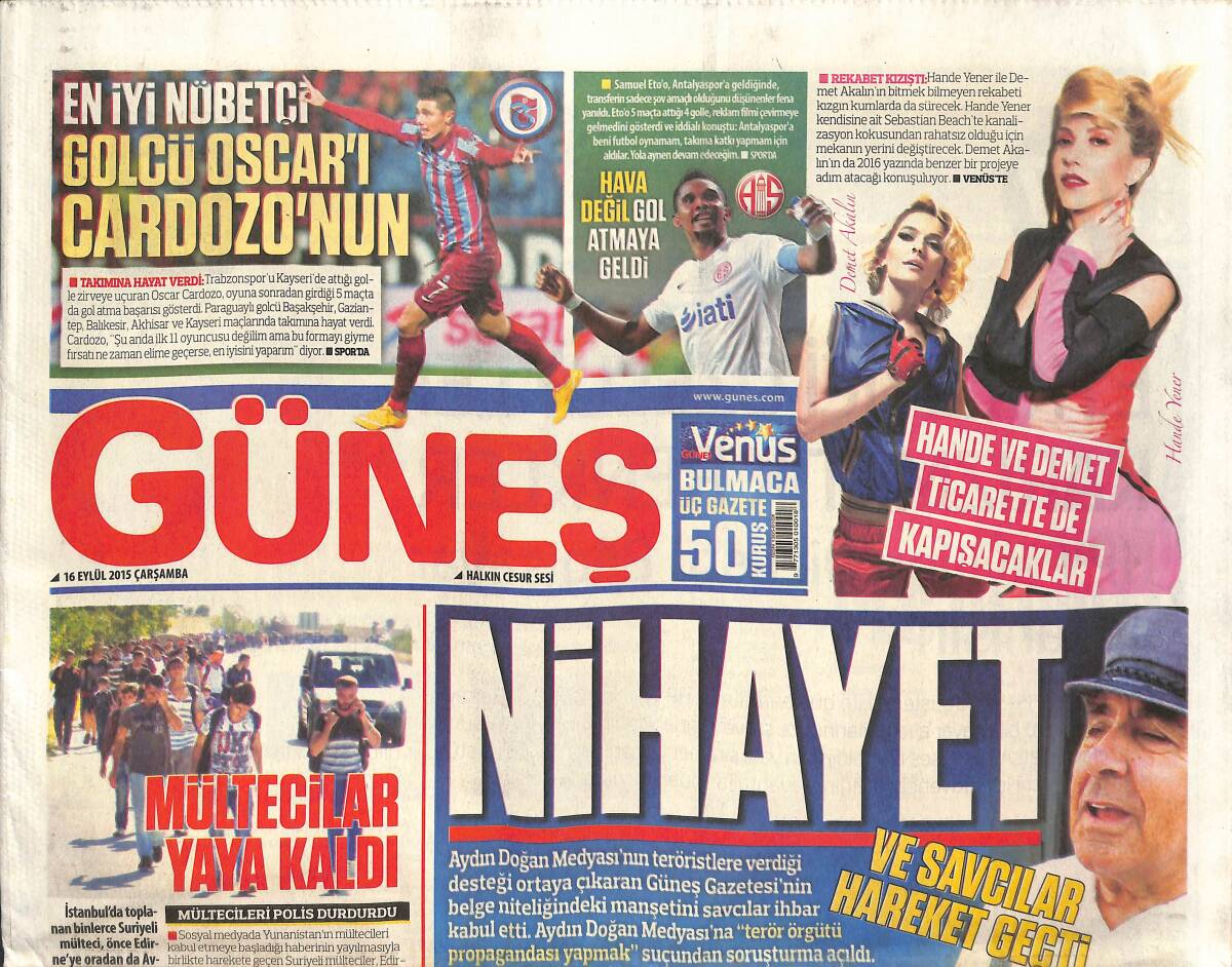 Güneş Gazetesi 16 Eylül 2015 - Hande Yener Ve Demet Akalın Ticarette De Kapışacaklar - Kredi Faizleri Uçuşa Geçti GZ135622 - 1