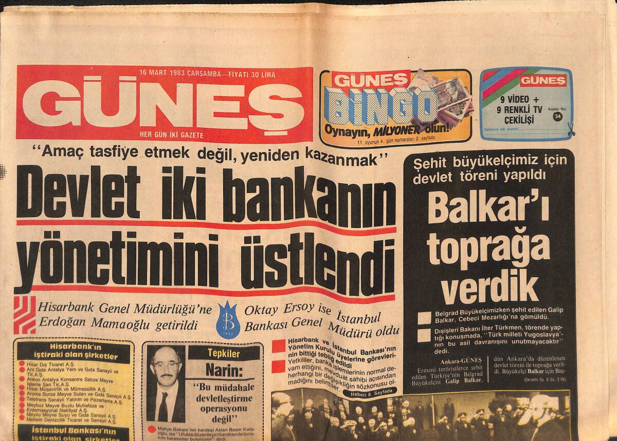 Güneş Gazetesi 16 Mart 1983 - Belgrad Büyükelçimizken Şehit Edilen Galip Balkar, Cebeci Mezarlığına Gömüldü -Hastane Başına Hasta Sayısı 62bine Ulaştı GZ132340 - 1