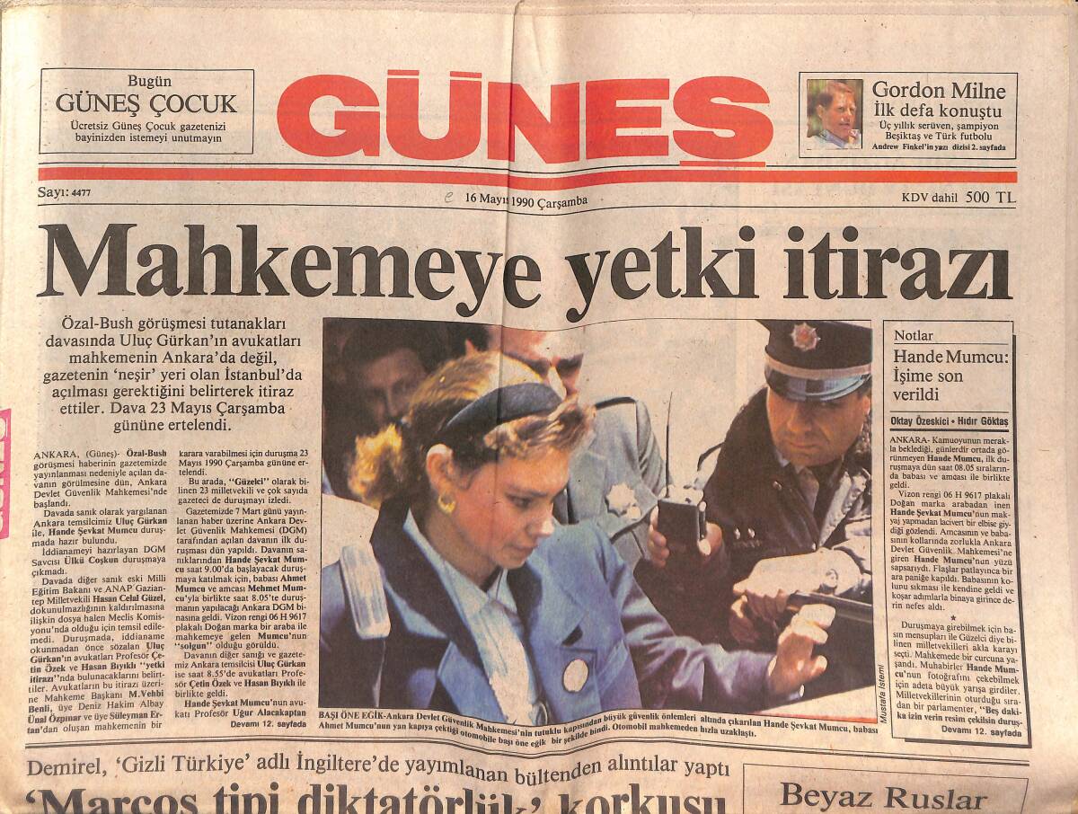 Güneş Gazetesi 16 Mayıs 1990 - Semih Fenerbahçe'de - Pink Floyd İçin İmza Kampanyası GZ151512 - 1