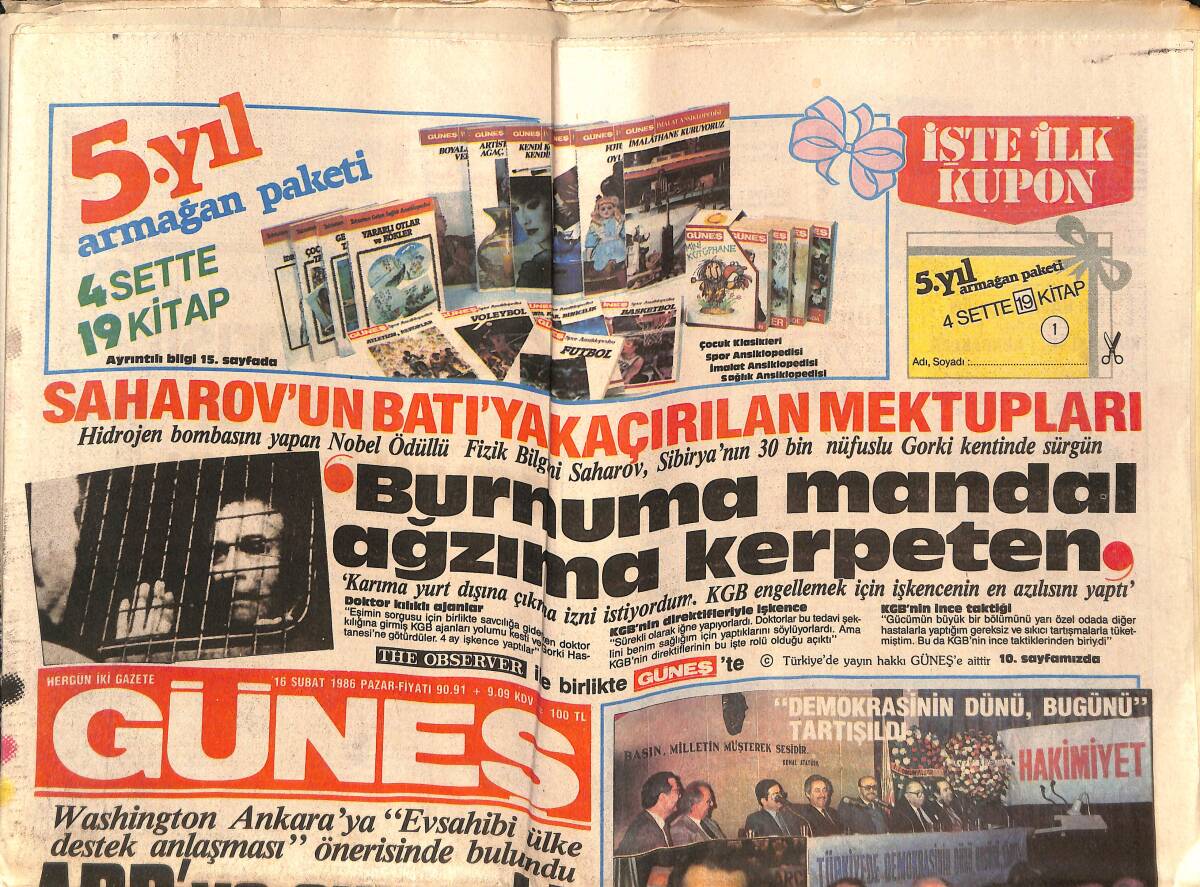 Güneş Gazetesi 16 Şubat 1986 - Semra Özal'dan Beşiktaşlılara Selam - Saharov'un Batı'ya Kaçırılan Mektupları GZ151524 - 1