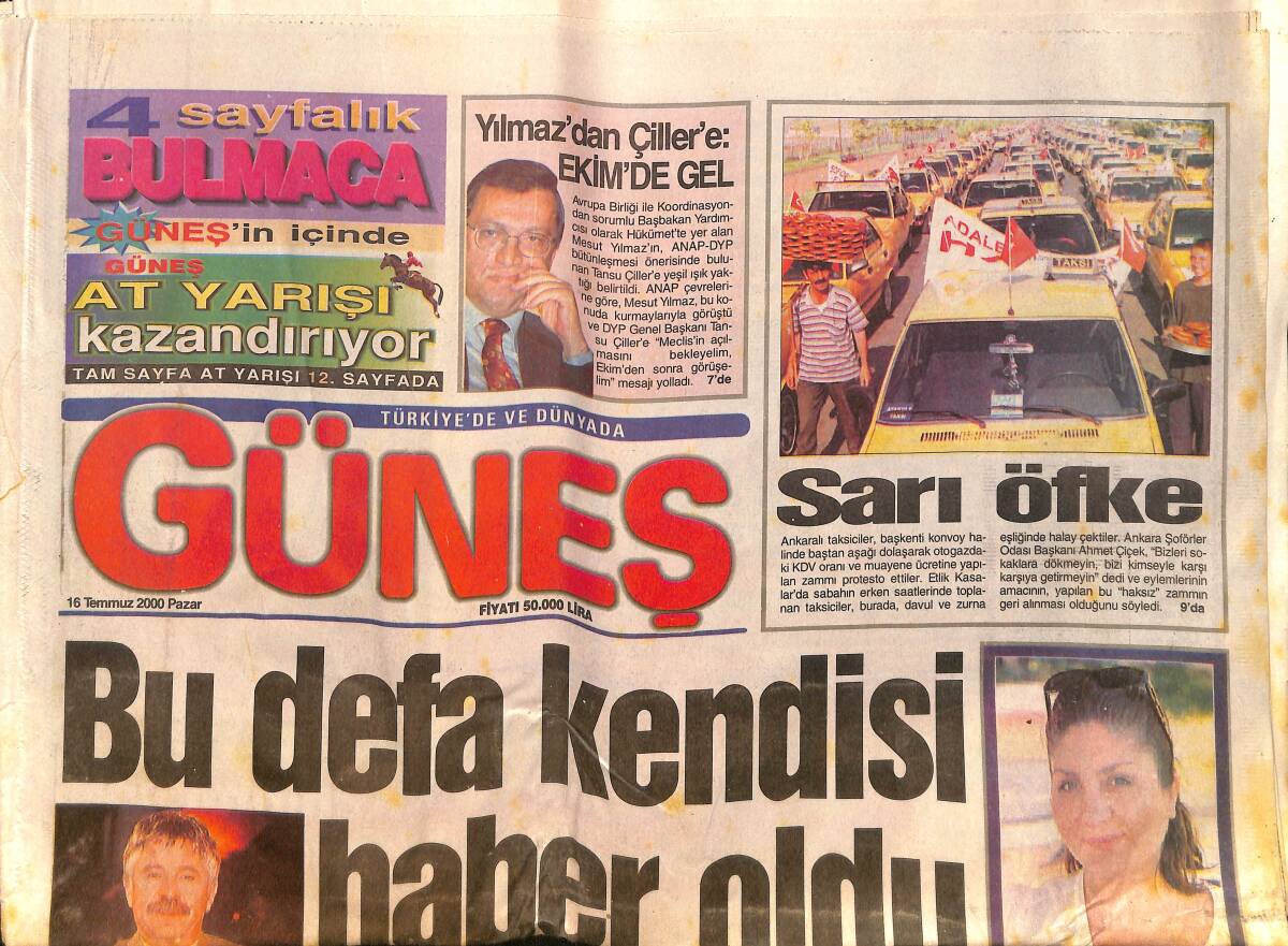 Güneş Gazetesi 16 Temmuz 2000 - Ali Kırca Asansör Boşluğundan Düştü - 8 Aylık Hamile Olan Sibel Can Son Günlerini Dinlenerek Geçiriyor GZ158267 - 1