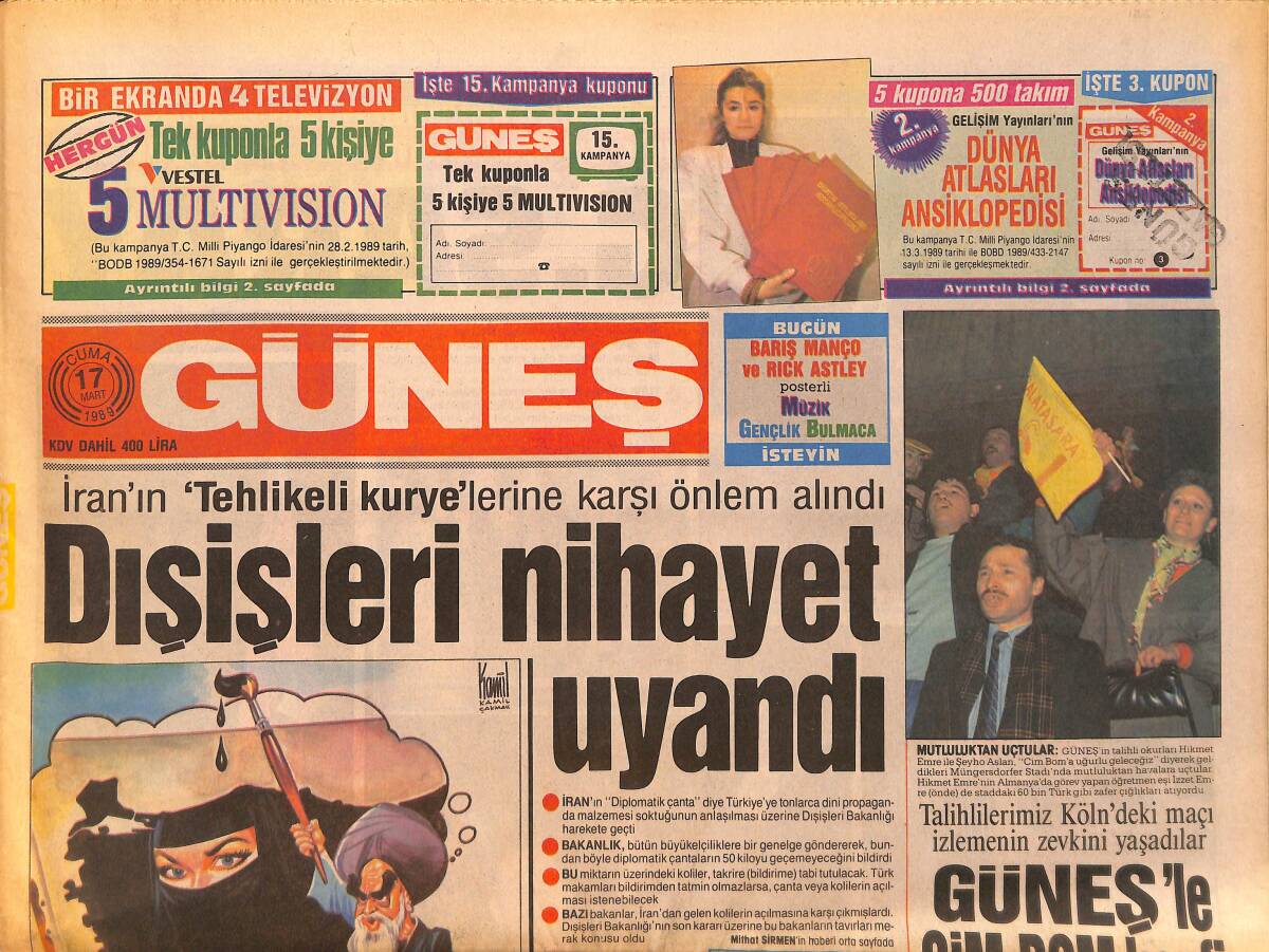 Güneş Gazetesi 17 Mart 1989 - Müslüm Gürses, Sibel Can, Nurdan Torun, Hülya Süzer, Kayahan, Harika Avcı, Nazan Şoray Gazino Afişi GZ158159 - 1
