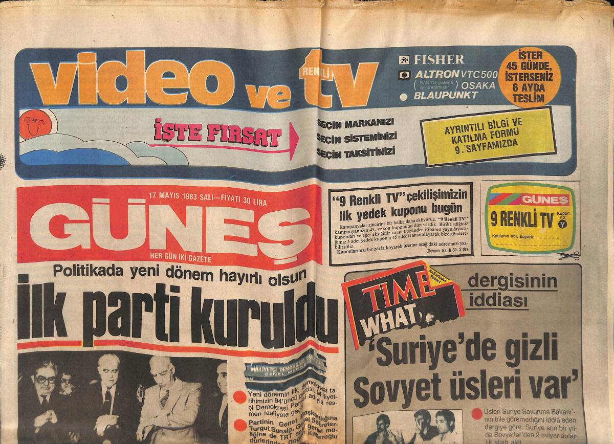 Güneş Gazetesi 17 Mayıs 1983 - İlk Parti Kuruldu - Bayar Bir Asrı Devirdi - Fenerden Taraftara Uyarı; Şampiyon Diye Bağırmayın GZ132704 - 1