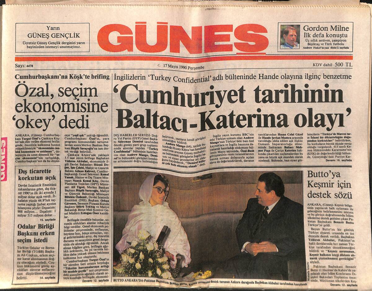 Güneş Gazetesi 17 Mayıs 1990 - Semih Artık Fenerbahçeli, Galatasaray Pişman - Butto'ya Keşmir İçin Destek Sözü GZ151435 - 1