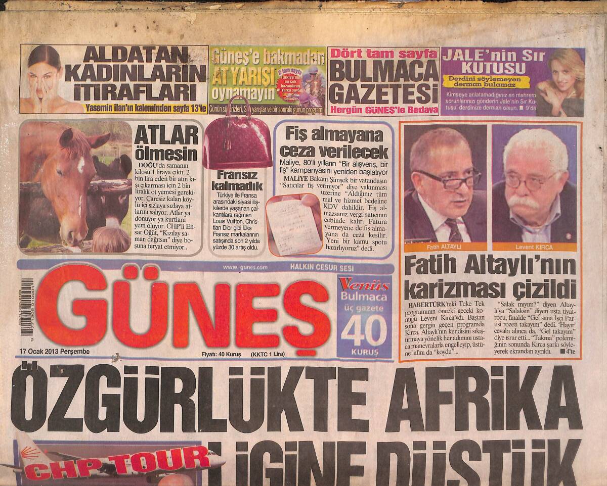 Güneş Gazetesi 17 Ocak 2013 - Özgürlükte Afrika Ligine Düştük - Fatih Altaylı'nın Karizması Çizildi GZ135748 - 1