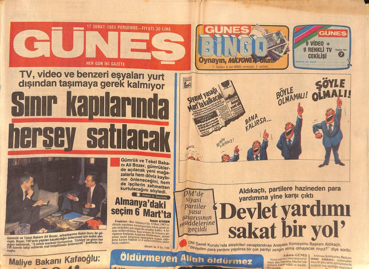 Güneş Gazetesi 17 Şubat 1983 - Sezen Aksu Firuze'yi Fatma Girik'e Anlattı - Sınır Kapılarında Herşey Satılacak GZ134509 - 1