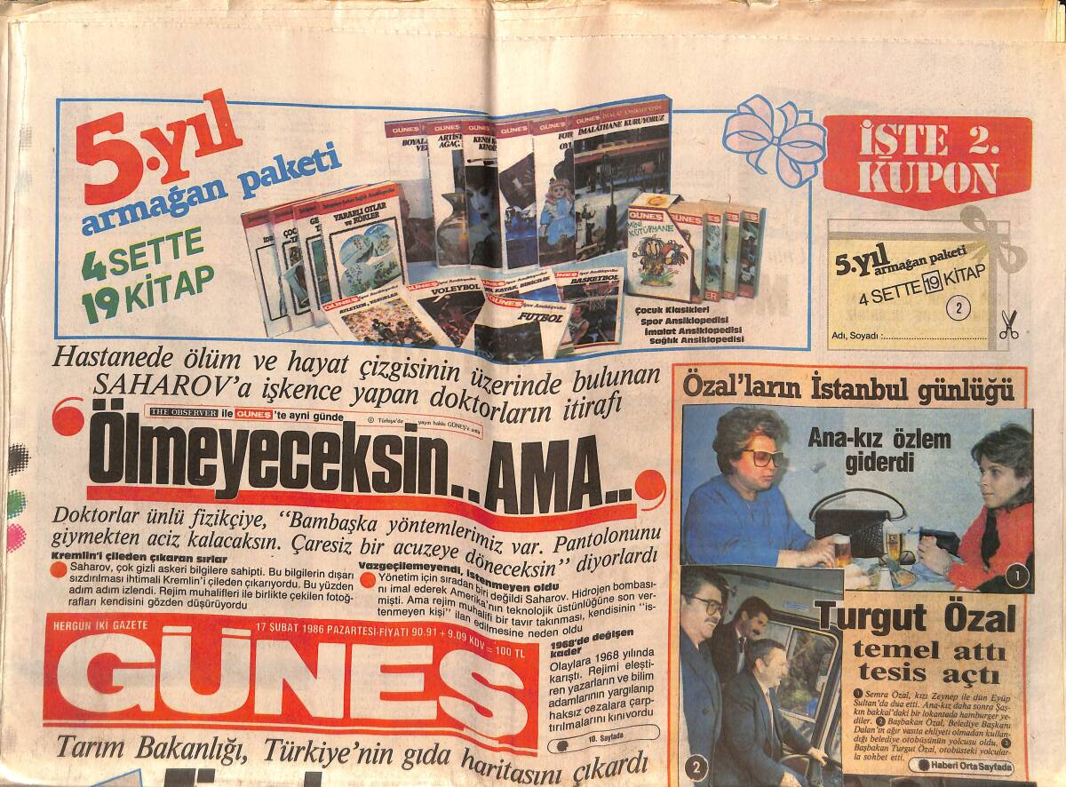 Güneş Gazetesi 17 Şubat 1986 - Turgut Özal Temel Attı Tesis Açtı - Emel Sayın Leventle Arasında - Ajda Pekkan: Mutluluğu 40'ımda Buldum GZ151525 - 1