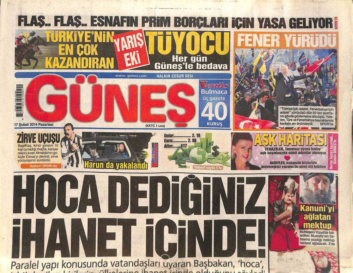 Güneş Gazetesi 17 Şubat 2014 - Fenerbahçe 60Bin Taraftarı İle Yürüyüş Yaptı - Mısırlı Tekvandocu Milli Müsabakada Öldü GZ159001 - 1