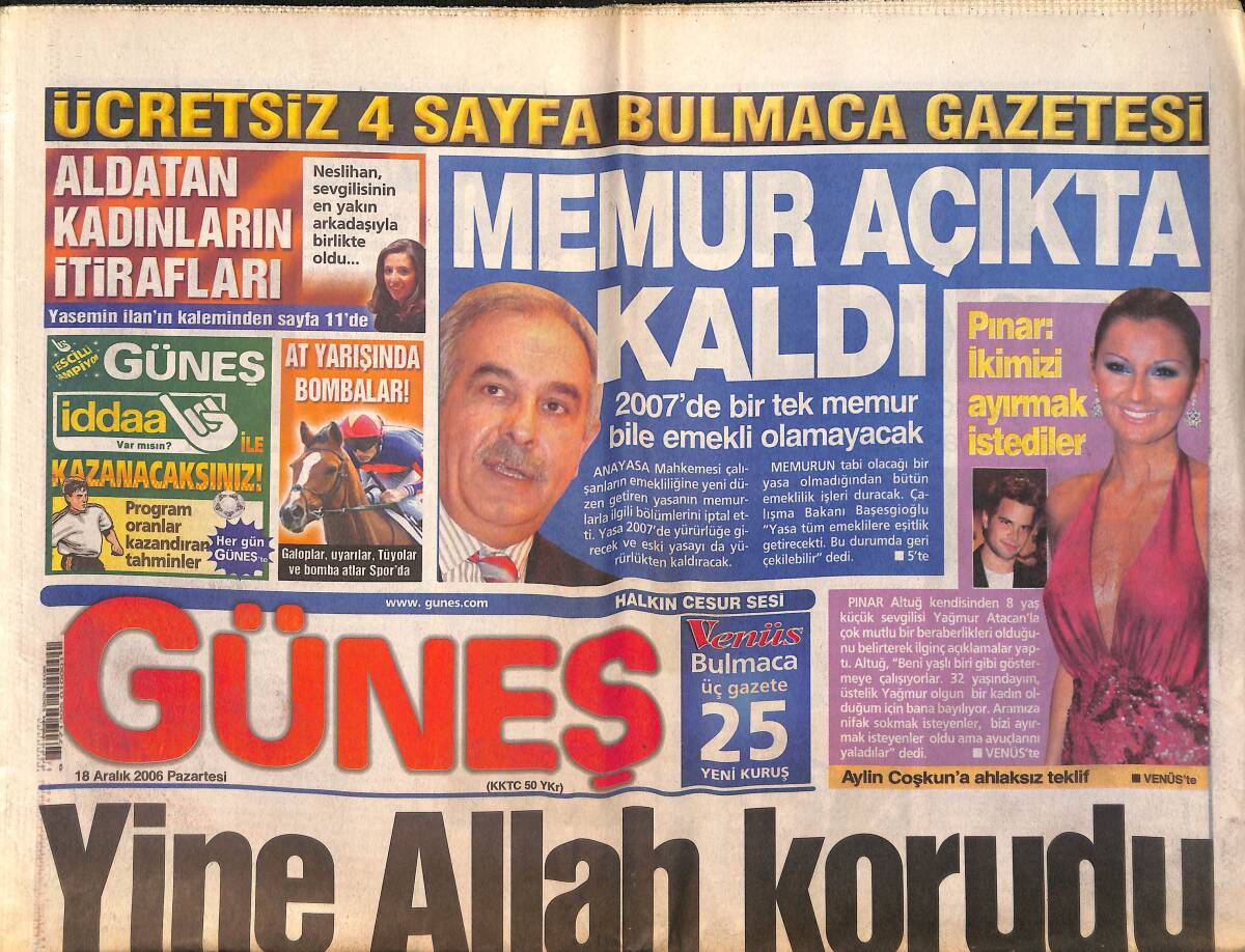 Güneş Gazetesi 18 Aralık 2006 - Teoman Stres Atıyor - Pınar Altuğ : İkimizi Ayırmak İstediler GZ157832 - 1