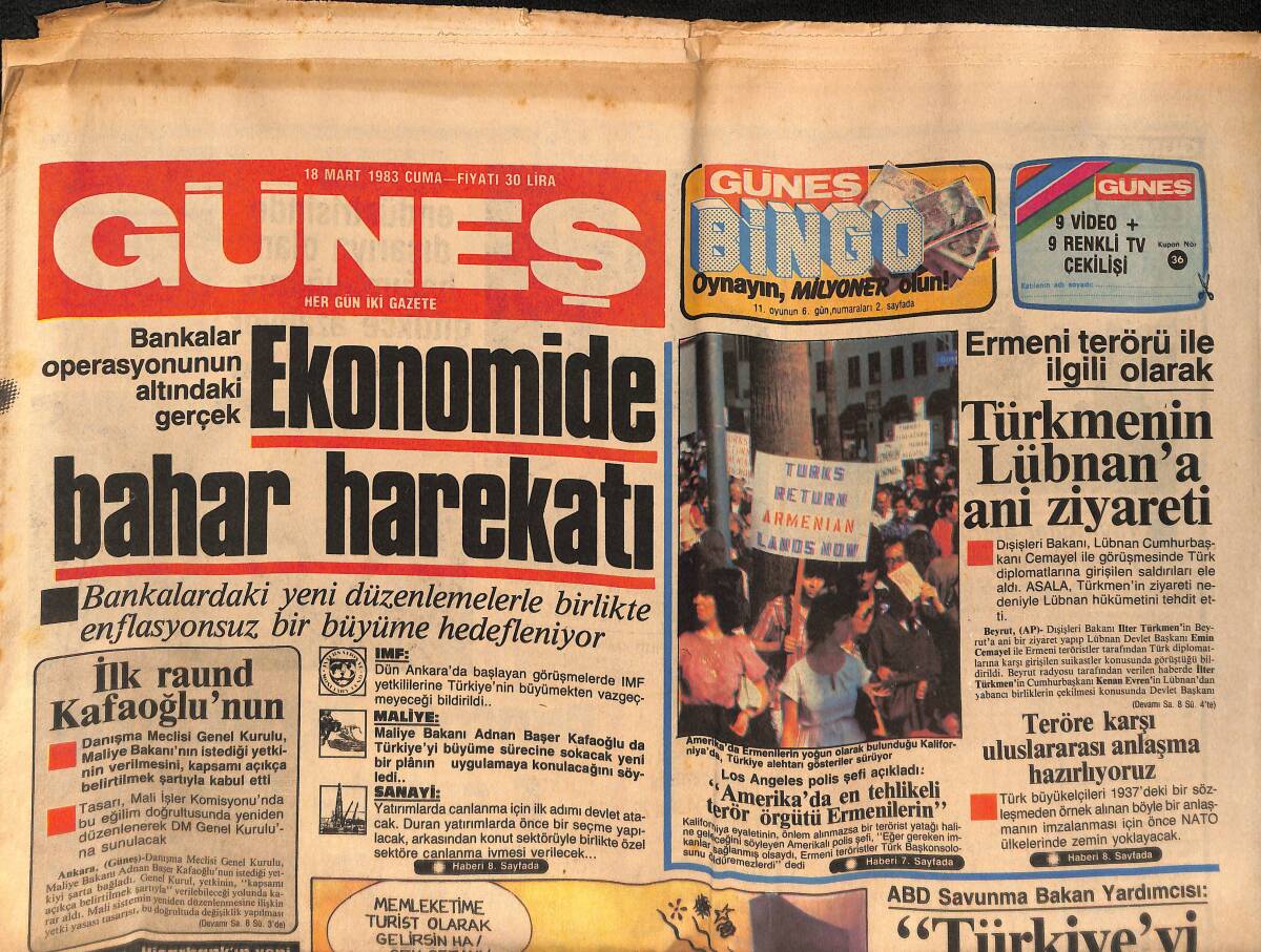 Güneş Gazetesi 18 Mart 1983 - Teröre Karşı Uluslararası Anlaşma Hazırlanıyor - Türkmen'in Lübnan'a Ani Ziyareti GZ132346 - 1