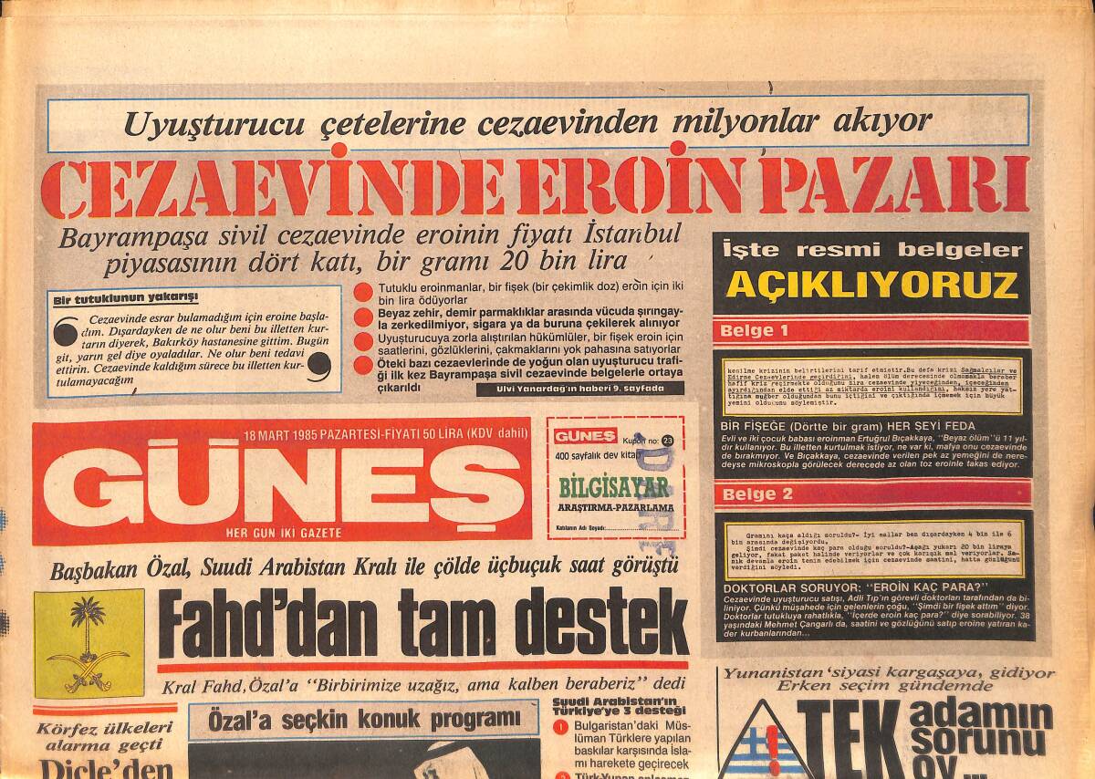 Güneş Gazetesi 18 Mart 1985 - Müjde Ar Gazino Afişi - Tarihi İstanbul Çeşmeleri Semineri Bugün Başlıyor GZ158176 - 1
