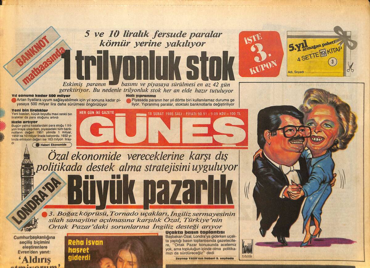 Güneş Gazetesi 18 Şubat 1986 - AET'den Yeşil Işık - Meclis Lokantası Zamlandı GZ157717 - 1