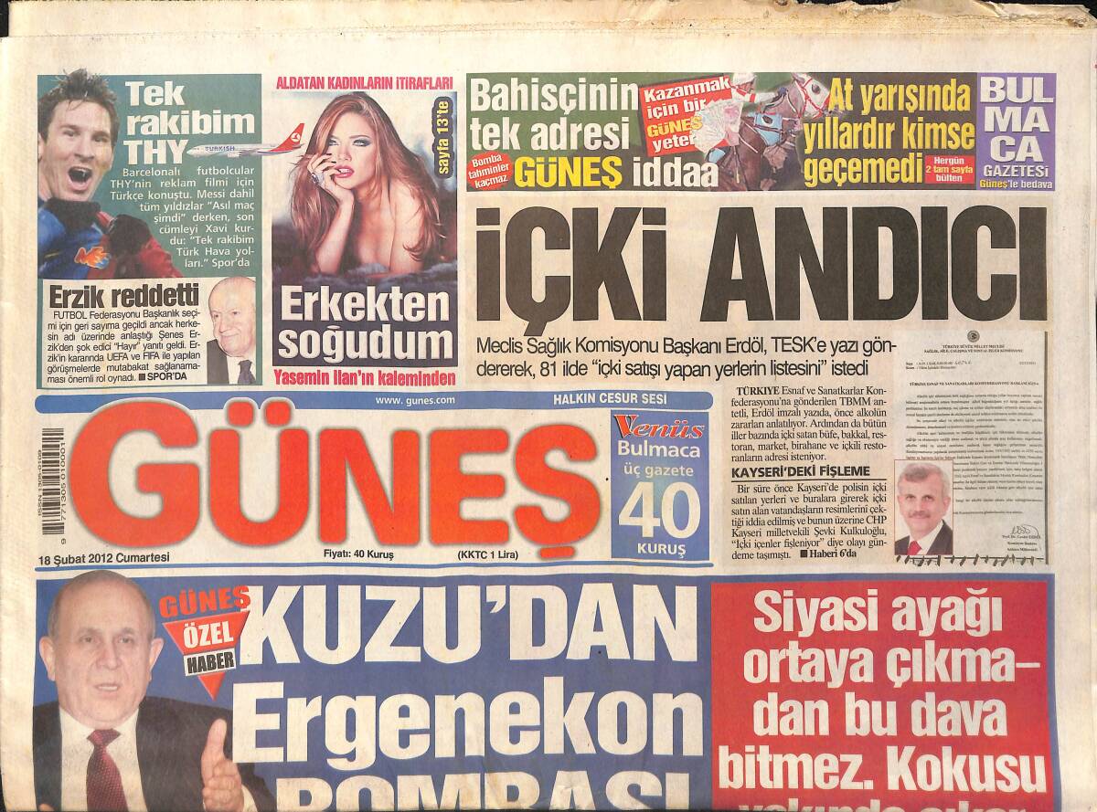 Güneş Gazetesi 18 Şubat 2012 - AKP'li Kuzu'dan Ergenekon Bombası - Van'da Cuma Namazı Kılınırken Deprem Yaşandı GZ159008 - 1