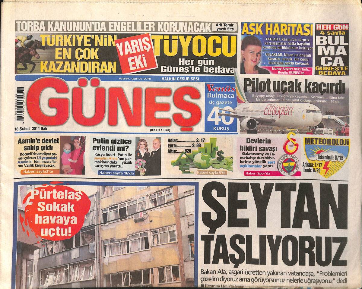 Güneş Gazetesi 18 Şubat 2014 - 76 Askeri TSK Pilotu Yeni Önergeden Sonra İstifa Etti - İstanbul'da Kazancı Yokuşunda Doğal Gaz Patladı GZ158996 - 1