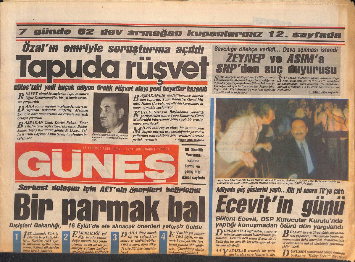 Güneş Gazetesi 18 Temmuz 1986 - Caroline'in Doğumu Yakın - OPEC'e Sovyet Desteği GZ133123 - 1