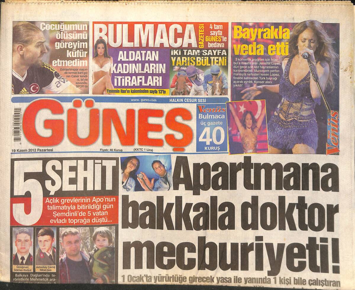 Güneş Gazetesi 19 Kasım 2012 - Apartmana Bakkala Doktor Mecburiyeti - Juventus Chelsea Cüneyt Çakır'ın GZ136859 - 1