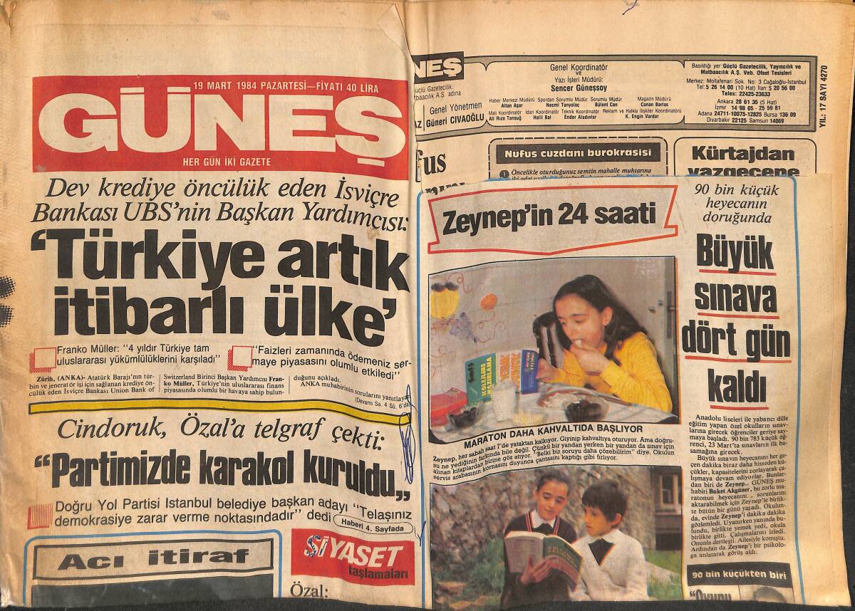 Güneş Gazetesi 19 Mart 1984 - Türkiye Artık İtibarlı Ülke - Dan Kolov Turnuvası GZ134497 - 1