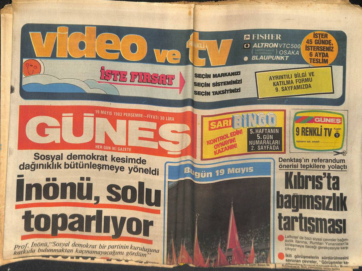 Güneş Gazetesi 19 Mayıs 1983 - İnönü, Solu Toparlıyor - Kıbrıs'ta Bağımsızlık Tartışması - Beşiktaş Feneri Yendi Fakat Elendi GZ133426 - 1