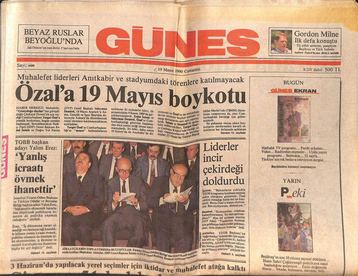 Güneş Gazetesi 19 Mayıs 1990 - Özal'a 19 Mayıs Boykotu - Naim Süleymanoğlu Sevindirdi GZ151511 - 1