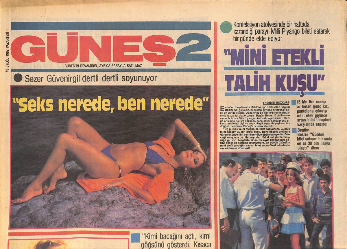 Güneş Gazetesi 2 Eki 13 Eylül 1982 - Sezer Güvenirgil Dertli Dertli Soyunuyor - Mini Etekli Talih Kuşu GZ156610 - 1