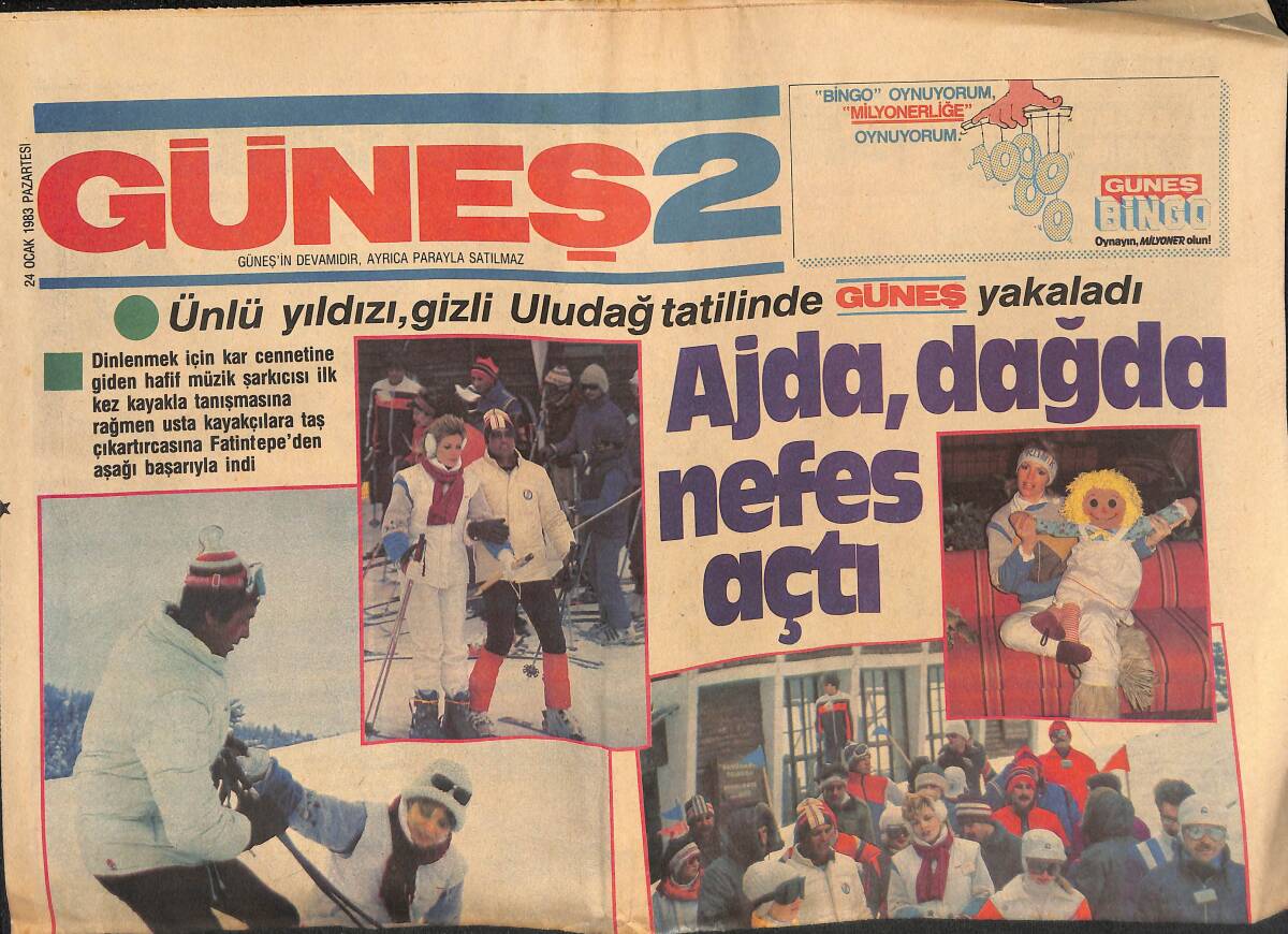 Güneş Gazetesi 2 Eki 24 Ocak 1983 - Ajda Pekkan , Dağda Nefes Açtı GZ134479 - 1