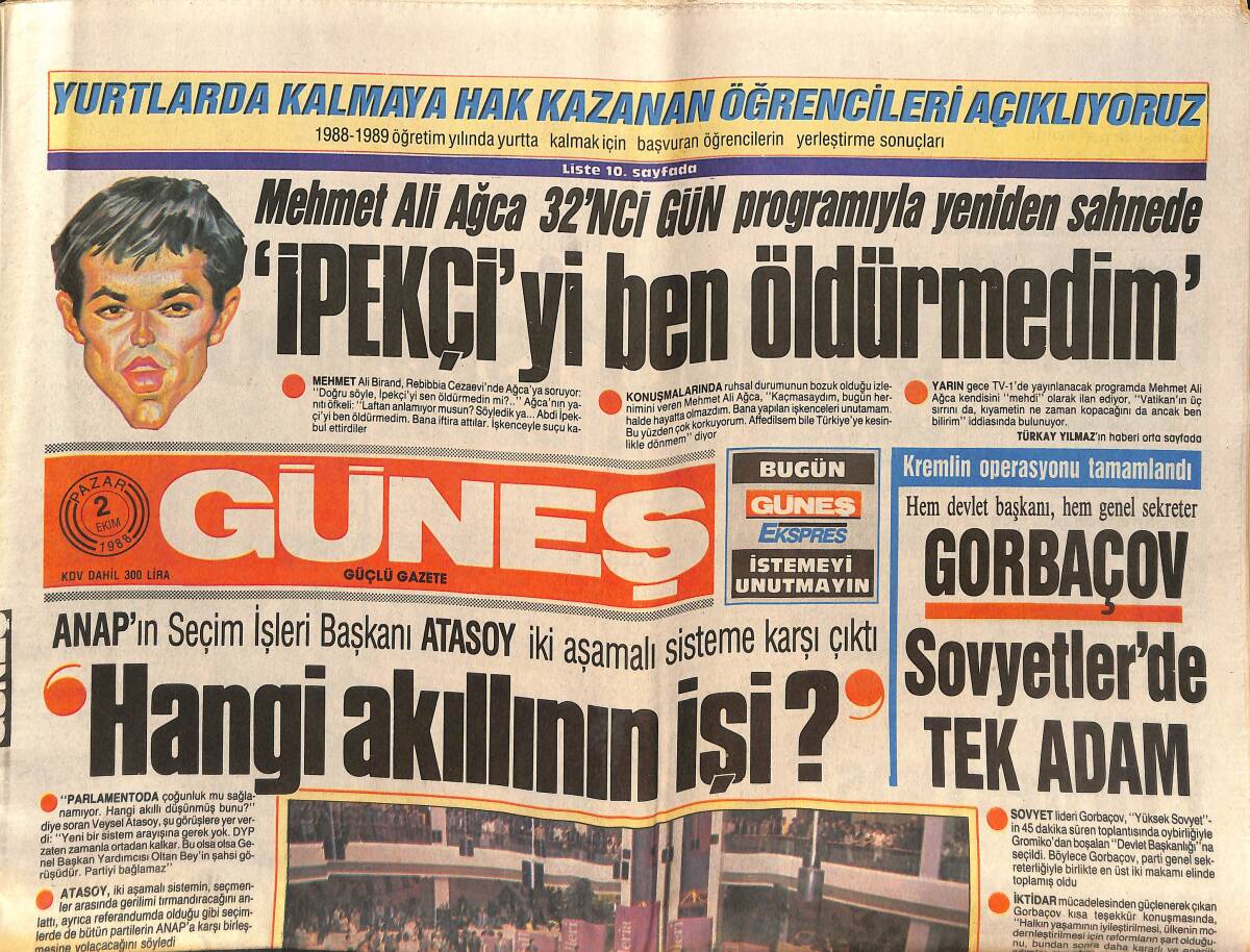 Güneş Gazetesi 2 Ekim 1988 - Gorbaçov Sovyetler'de Tek Adam - Hülya Yiğitalp Akdeniz'de GZ151514 - 1