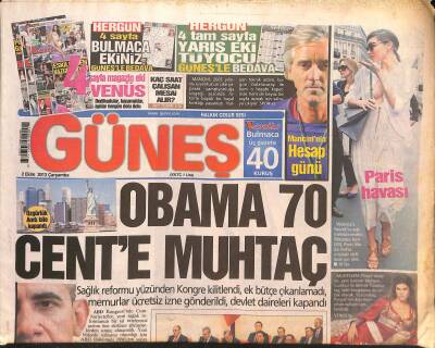Güneş Gazetesi 2 Ekim 2013 - Obama 70 Cente Muhtaç - El Kaide Tehdit Etti GZ124652 - 1
