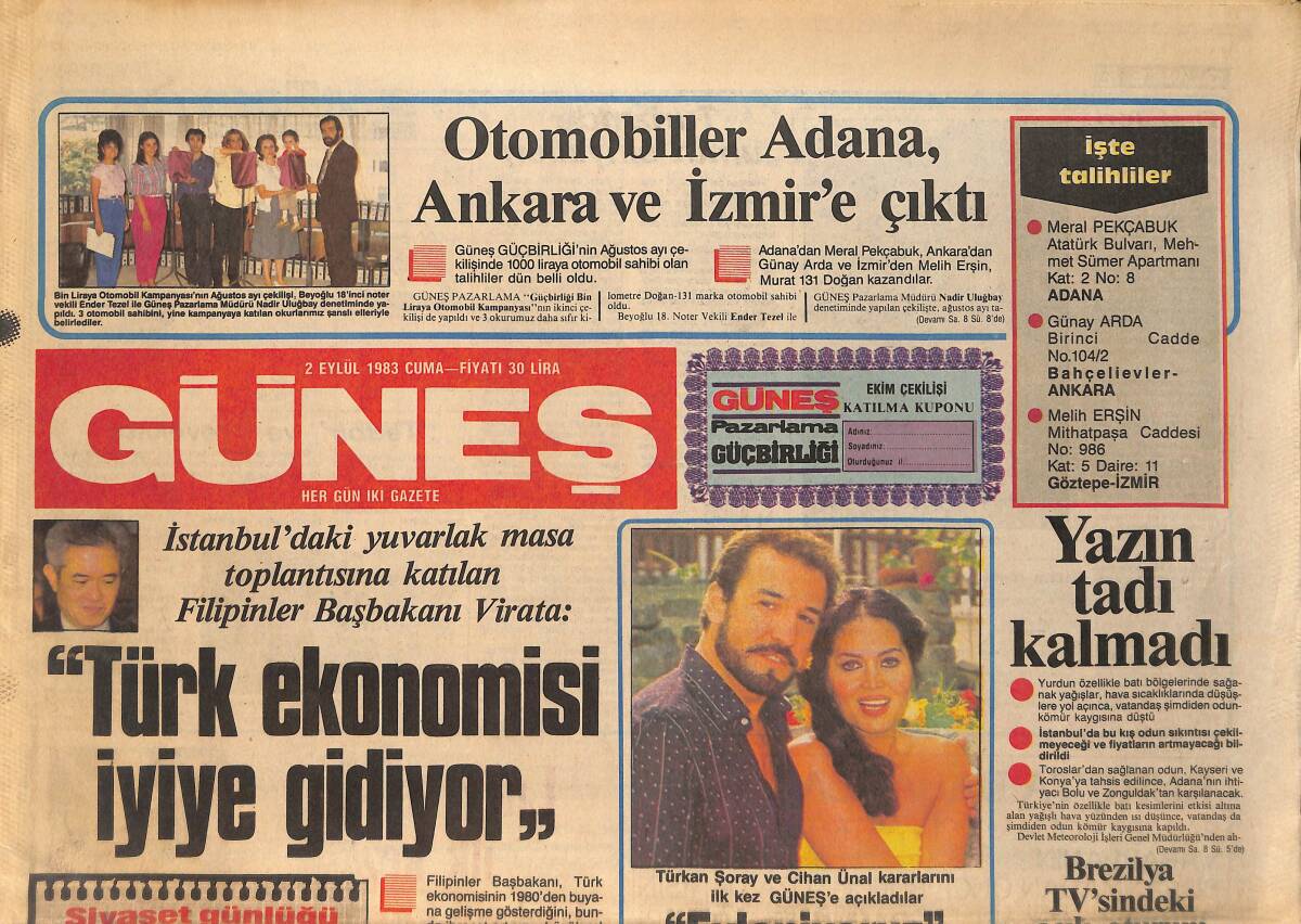 Güneş Gazetesi 2 Eylül 1983 - Türkan Şoray Ve Cihan Ünal: Evleniyoruz - Adana Adliyesi Hiç Böyle Bir Gün Yaşamadı GZ156605 - 1