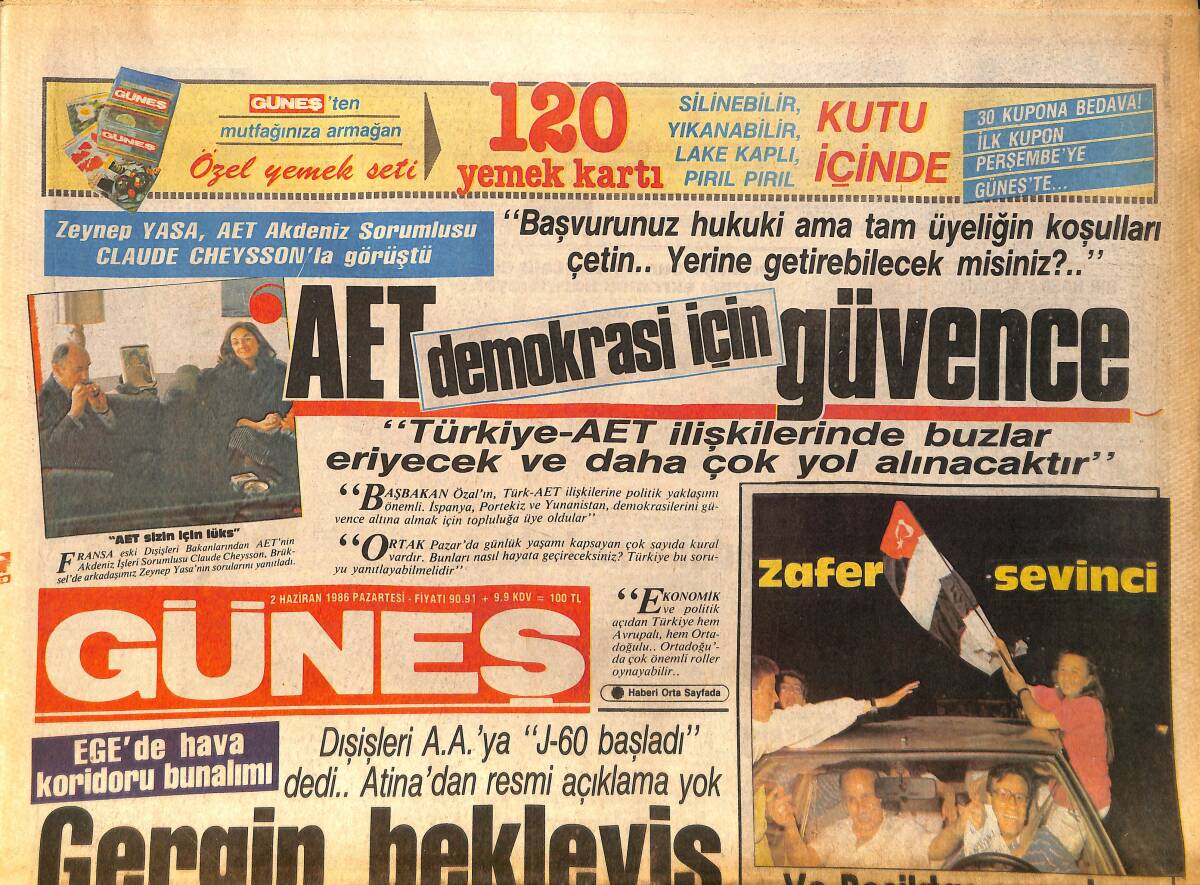 Güneş Gazetesi 2 Haziran 1986 - ŞAMPİYON BEŞİKTAŞ - İnönü'nün İl Başkanları Tulum Çıkaramadı Listede 12 Delik GZ158284 - 1