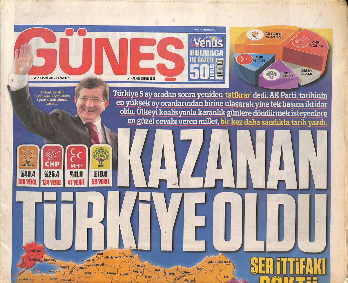 Güneş Gazetesi 2 Kasım 2015 - Kazanan Türkiye Oldu - Ünlüler Sandıkta - Terör Sigortayı Da Vurdu GZ135631 - 1