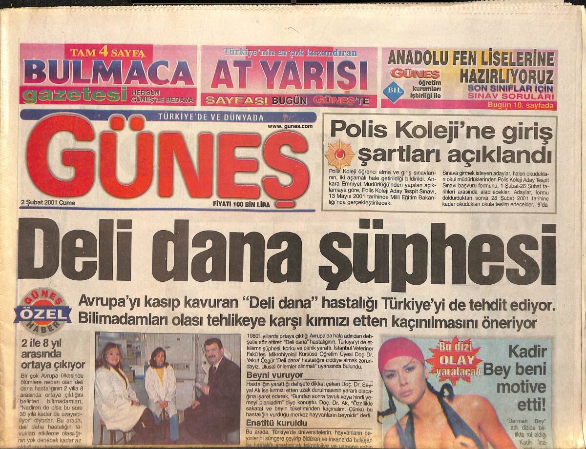 Güneş Gazetesi 2 Şubat 2001 - Zeki Alasya Dazlak Oldu - Kadir Alkan Motive Etti - Seda'nın Kaçamağı GZ3342 - 1