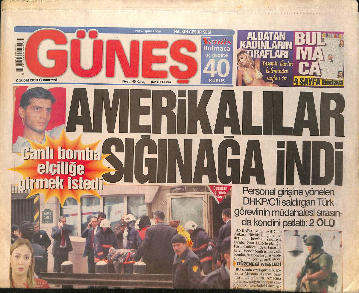Güneş Gazetesi 2 Şubat 2013 - Deniz Seki Mekan Çıkışı Bir Grup Turist Tarafından Taciz Edildi - İzmir Emniyet Müdürü Namaz Kılıp İntihar Etti GZ159005 - 1