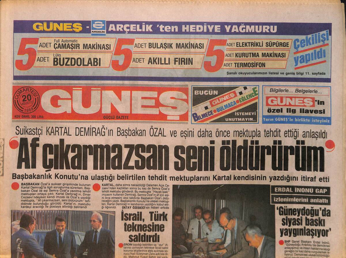Güneş Gazetesi 20 Ağustos 1988 - Suikastçi Kartal Demirağ'ın Başbakan Özal Ve Eşini Daha Önce Mektupla Tehdit Ettiği Anlaşıldı GZ157773 - 1