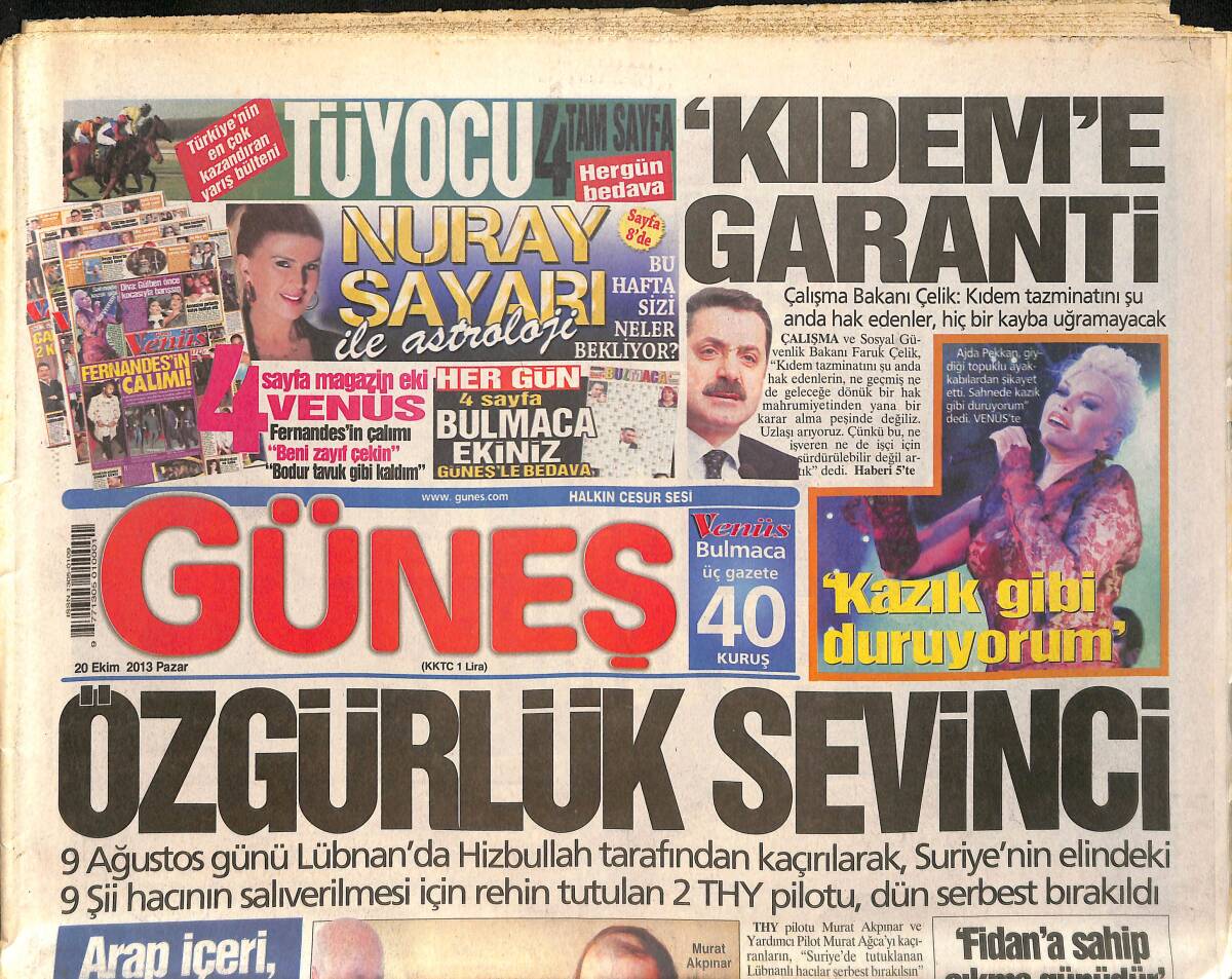 Güneş Gazetesi 20 Ekim 2013 - Ajda Pekkan, Giydiği Topuklu Ayakkabılardan Şikayet Etti - THY Pilotları Murat Akpınar ve Murat Ağca Serbest Bırakıldı GZ158970 - 1