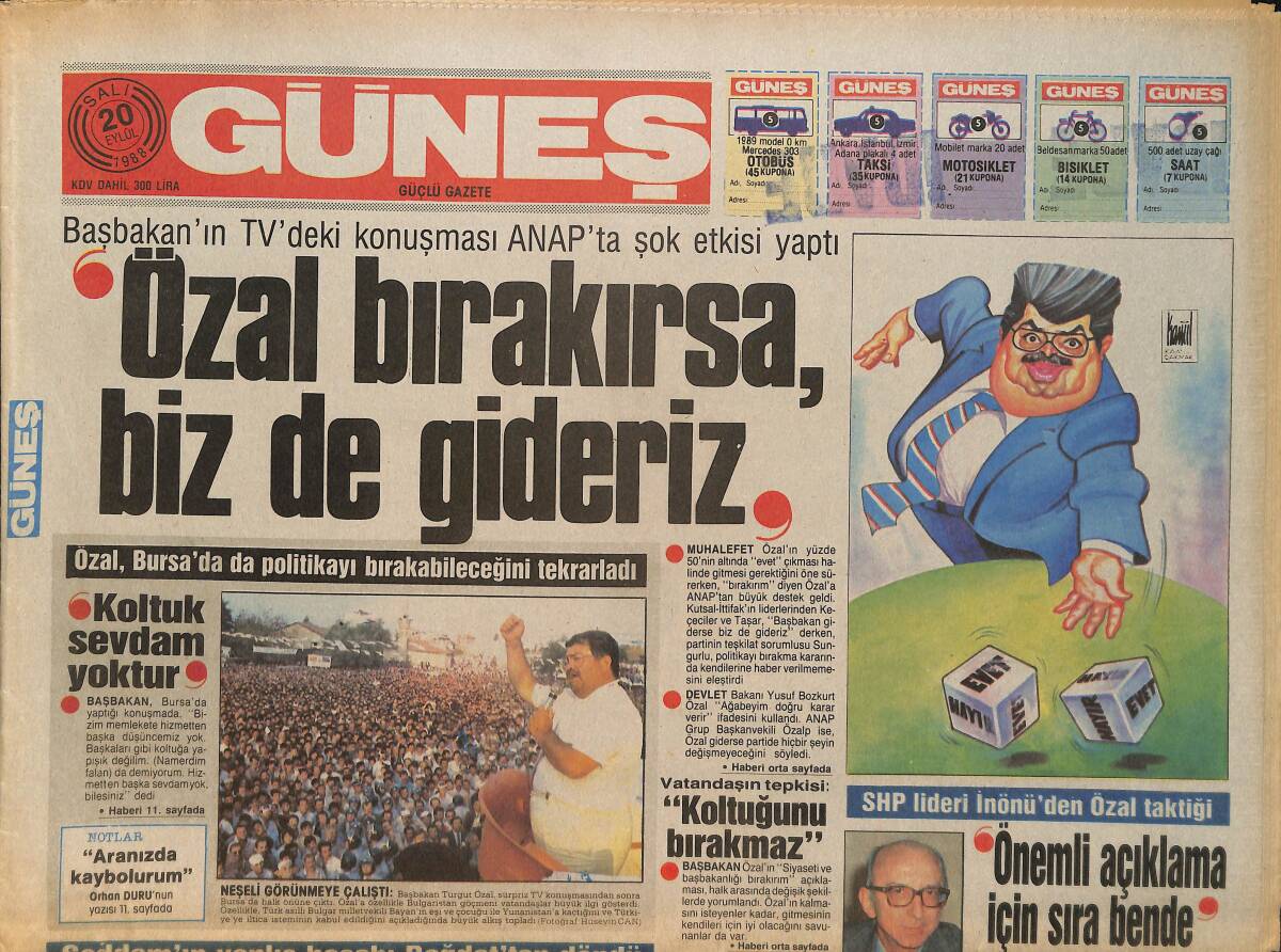 Güneş Gazetesi 20 Eylül 1988 - Kaldır Naim Süleymanoğlu - Orhan Gencebay İle Timur Selçuk Karşı Karşıya Gelmediler GZ157693 - 1