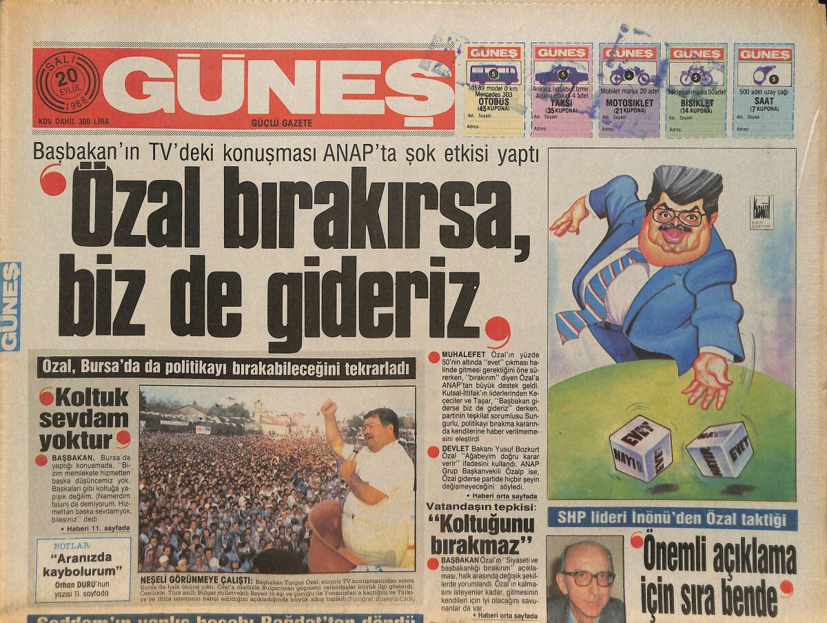 Güneş Gazetesi 20 Eylül 1988 - Kaldır Naim Süleymanoğlu - Orhan Gencebay İle Timur Selçuk Karşı Karşıya Gelmediler GZ157728 - 1