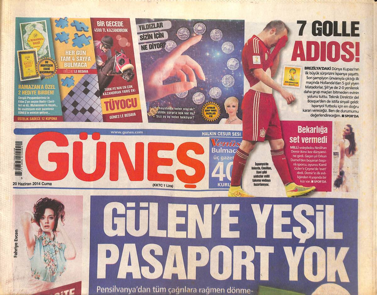 Güneş Gazetesi 20 Haziran 2014 - Fethullah Gülen'e Yeşil Pasaport Yok - 7 Golle ADIOS! - Madencilere İlk Maaş GZ135714 - 1